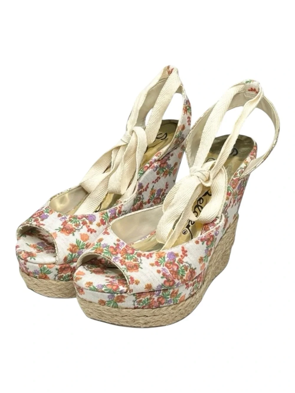 new Sergio Zelcer ❀ Platform Ankle Wrap Floral Print Sandal Espadrilles ❀ Cream
